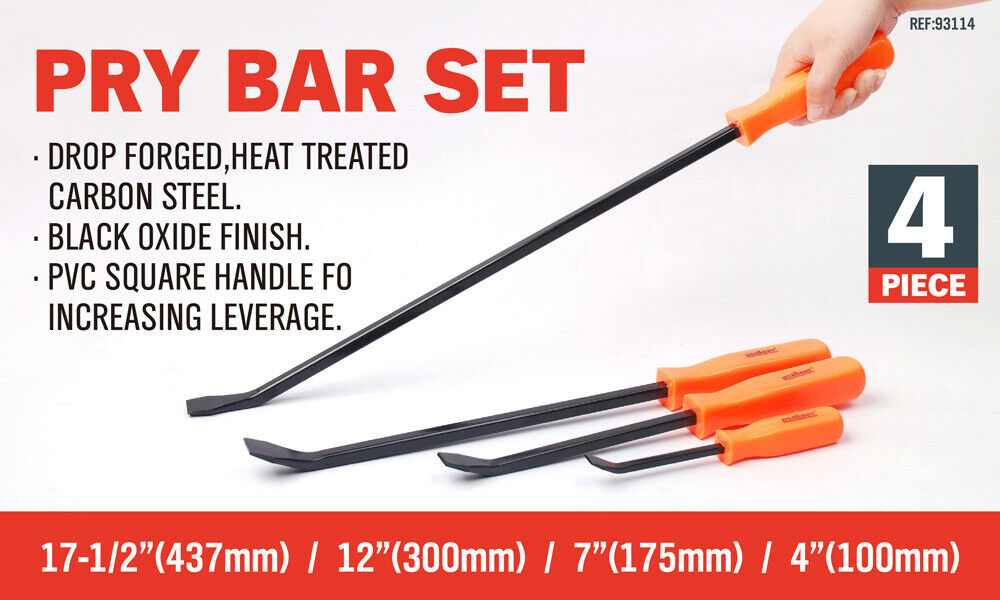 Horusdy 4-Piece Heavy Duty Steel Pry Bar Set in Sizes 4, 7, 12, and 17-1/2 inches - Durable and Reliable for Mechanical and Automotive Tasks