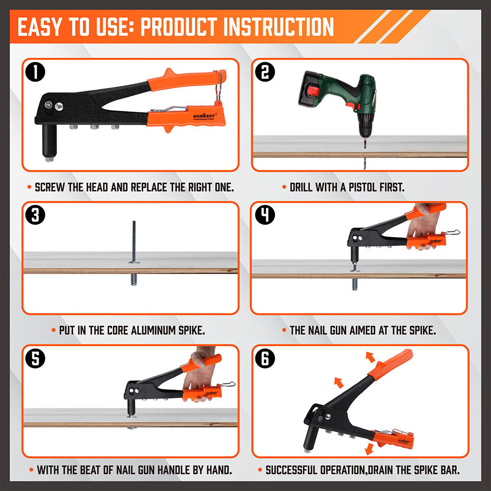 HORUSDY Manual Riveter Pop Rivet Gun Kit - 100Pcs Rivets Included ...