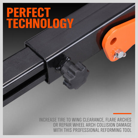 Professional Vehicle Fender Roller, a vital tool for auto repair, featuring an iron body for optimal hardness. Fully adjustable arm for gradual pull or push, versatile for a range of vehicle fender repairs. Includes 5 conical lug nut rings and a manual, with a minimum length of 300mm and a maximum of 578mm, weighing 6.8kg