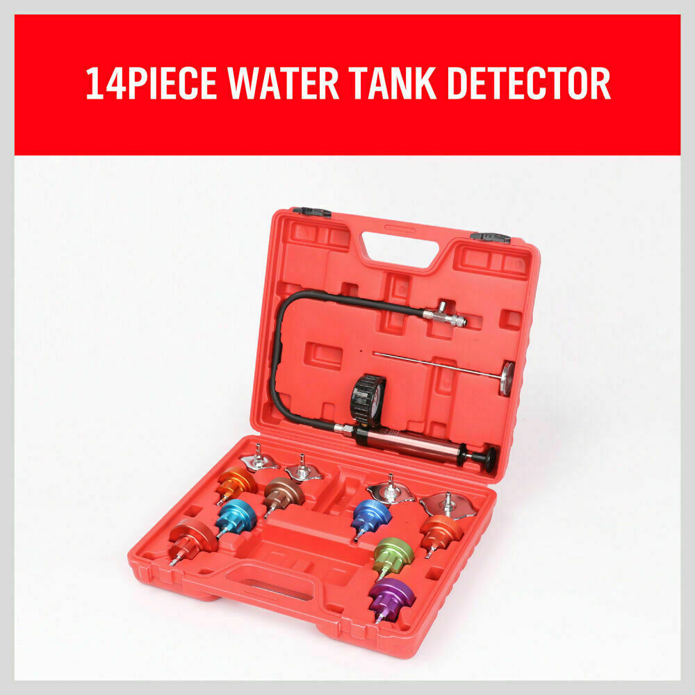 Universal Cooling System Radiator Pressure Tester Kit, essential for detecting leaks in vehicle cooling systems. Compatible with numerous vehicle brands like Audi, BMW, Fiat, Ford, and many more. Features heavy-duty pump, easy-to-read scale, color-coded aluminum radiator caps, and a long hose with a quick release valve. Includes thermometer and packed in a durable carry-case