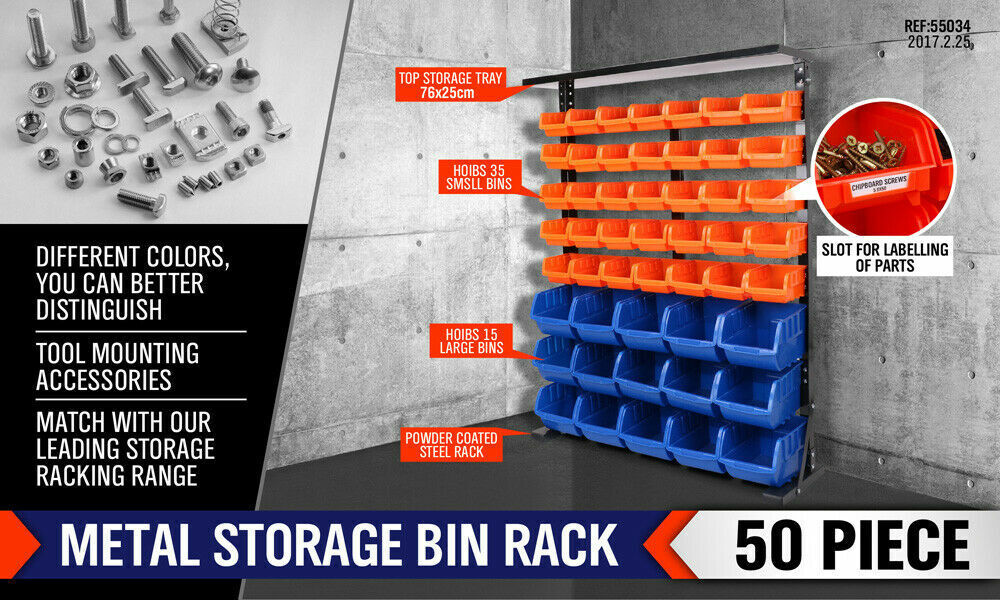Wall-mounted bin storage rack with 50 bins for efficient organization of tools and parts in your garage.