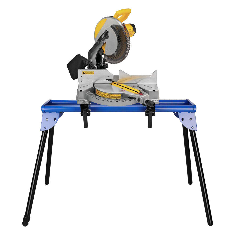 51" blue miter saw stand with durable one-piece mounting brackets and a sliding rail design, supporting up to 300lbs, easy to fold and transport.