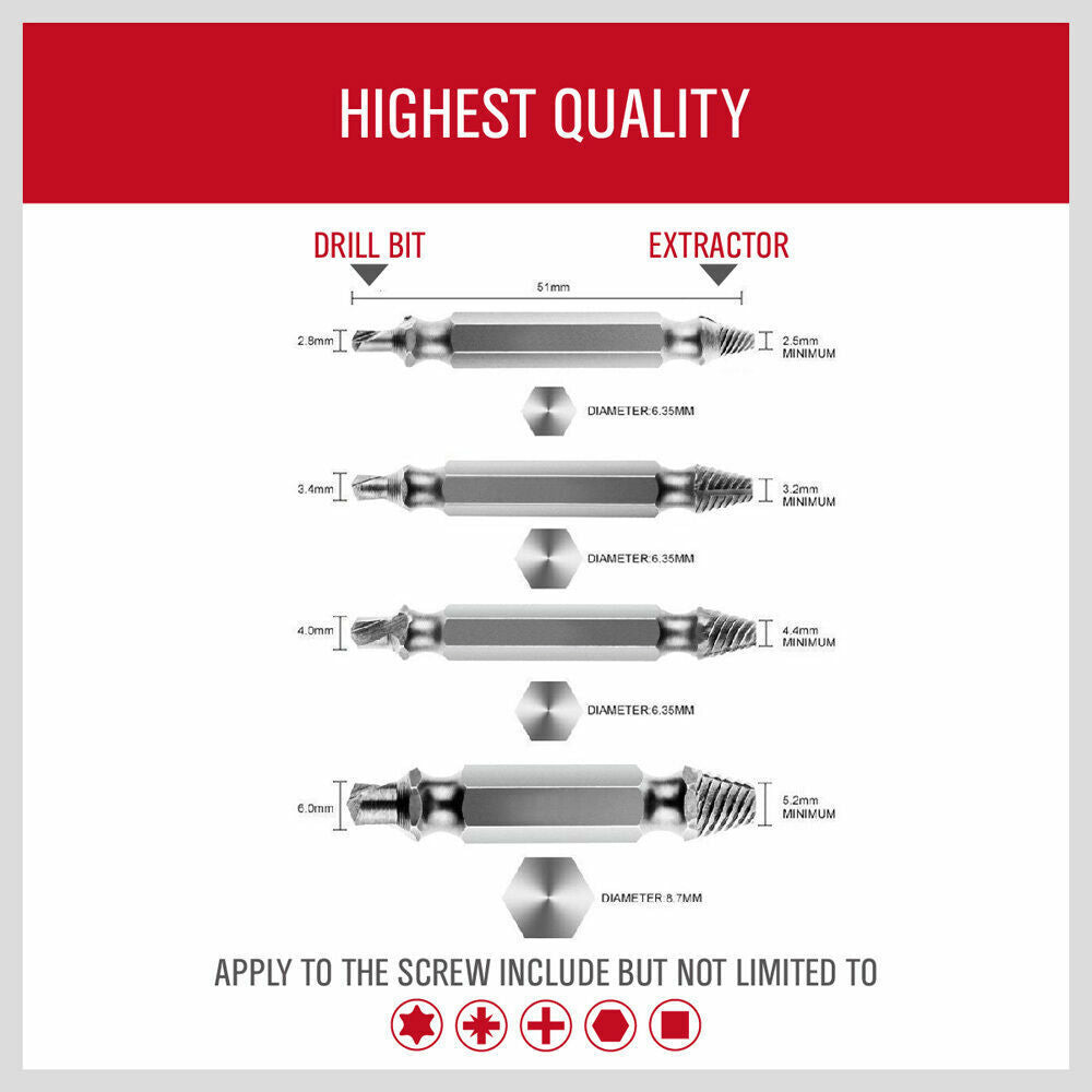 Four-piece set of damaged screw extractors, designed for easy removal of broken screws and bolts in sizes No. 4 to No. 24, suitable for use in automobiles, furniture, toys, and appliances. The set is presented in a charcoal grey plastic case