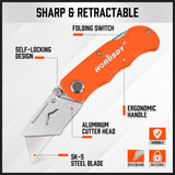 Set of four folding utility knives in Black, Blue, Orange, and Pink colors, featuring quick-change mechanism and back-lock mechanism, ideal for DIY projects, cutting cardboard, carpet, and more. The set includes 10 extra SK5 material blades and a convenient storage carry bag