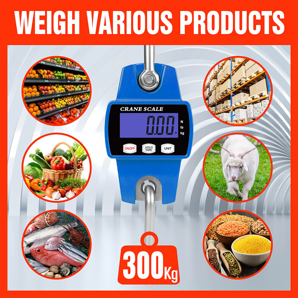 Compact and robust Mini Portable Crane Scale with a capacity of 300kg and precision of 0.1kg. Features a 55mm large LCD display, stainless steel load receptor, and aluminum casing. Versatile with multiple weighing modes and equipped with tare, manual/auto hold, and auto power off functions.