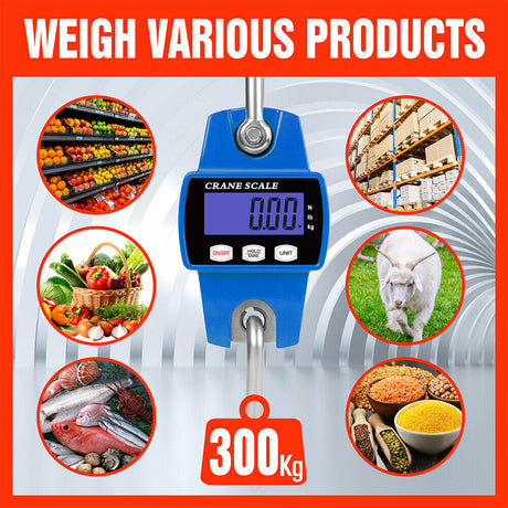 Compact and robust Mini Portable Crane Scale with a capacity of 300kg and precision of 0.1kg. Features a 55mm large LCD display, stainless steel load receptor, and aluminum casing. Versatile with multiple weighing modes and equipped with tare, manual/auto hold, and auto power off functions.