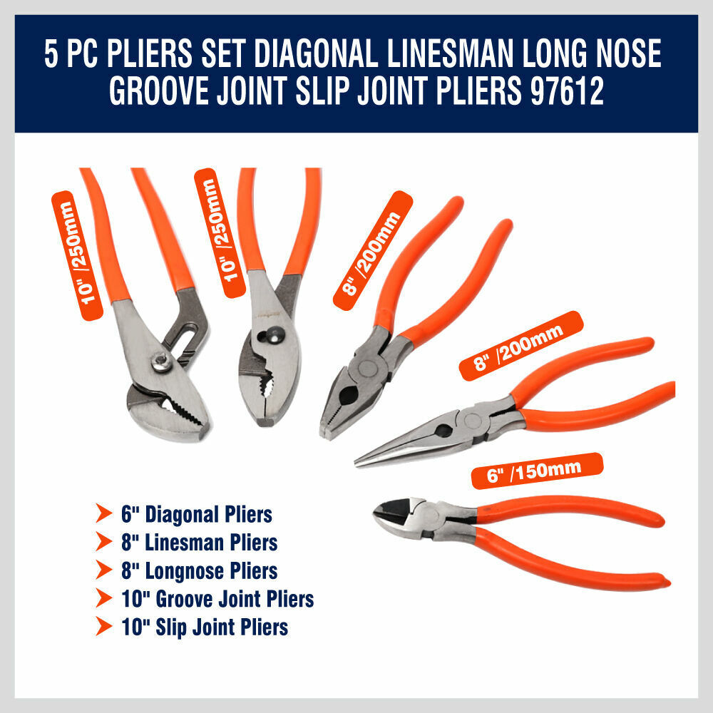 Complete 5-Piece Pliers Set - Includes Diagonal, Linesman, Long Nose, Groove Joint, and Slip Joint Pliers with Comfort Grips