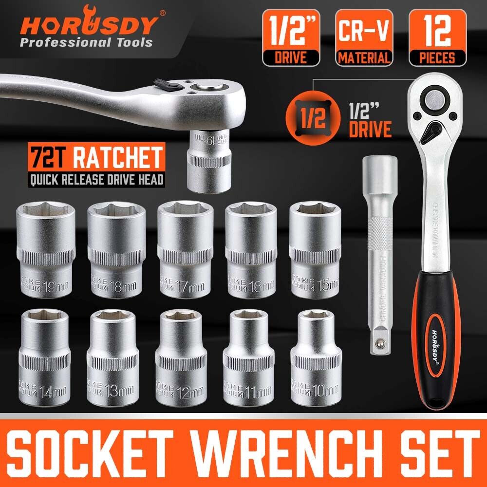 HORUSDY 12-Piece Ratchet Socket Wrench Set, Chrome-Plated Metric Sockets, and Extension Bar, with Convenient Storage Rack