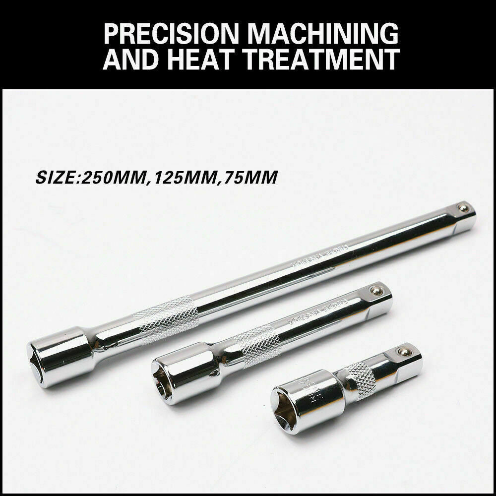 Robust 3-Piece Extension Bar Set with spring-loaded ball detent, knurled grip, and SmartKrome plating for 1/2" drive.