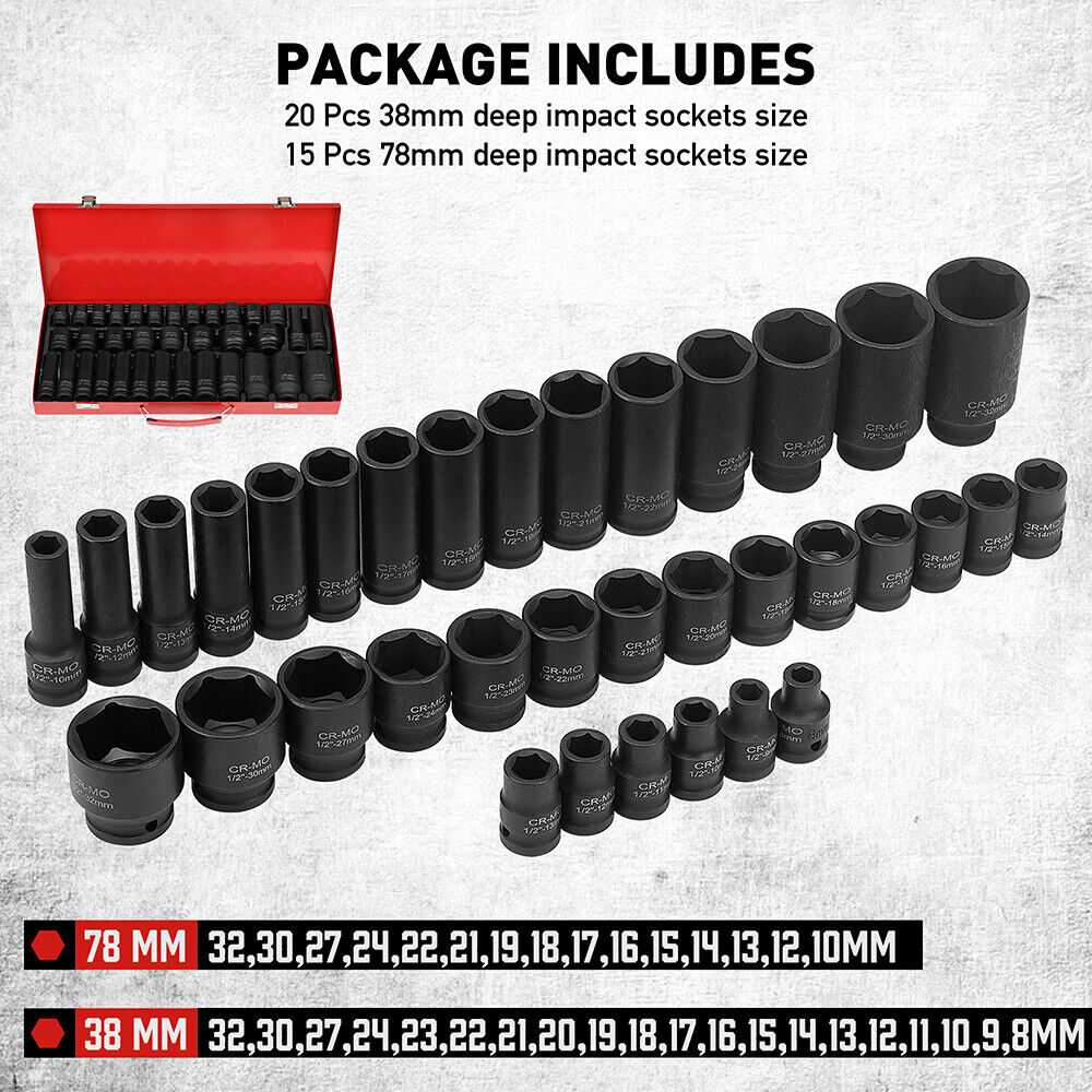 HORUSDY 35-Piece 1/2-Inch Drive Impact Socket Set, Metric 8-32mm, with Black Anti-Oxidation Coating and Storage Case