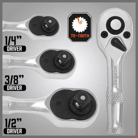 HORUSDY 3-Piece Stubby Socket Ratchet Wrench Set featuring 72-Tooth Mechanism and Durable CRV Construction, Sizes 1/2", 3/8", 1/4" with Storage Pouch