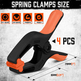 Pack of 4 HORUSDY 7-inch black nylon spring clamps with orange non-slip TPR handles and reinforced glass fiber construction for secure clamping.