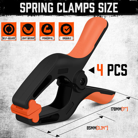 Pack of 4 HORUSDY 7-inch black nylon spring clamps with orange non-slip TPR handles and reinforced glass fiber construction for secure clamping.