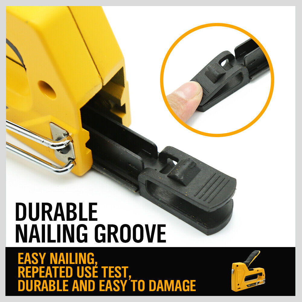 Durable carbon steel manual staple and brad nail gun with a yellow coating and easy-to-reload mechanism.