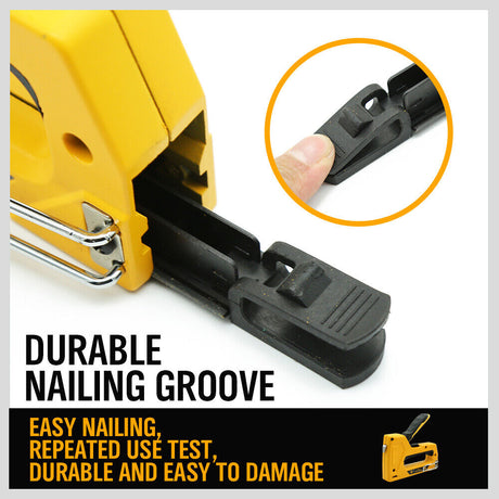 Durable carbon steel manual staple and brad nail gun with a yellow coating and easy-to-reload mechanism.