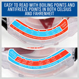 Dial-type radiator coolant tester for measuring ethylene glycol strength with a temperature adjustment scale.
