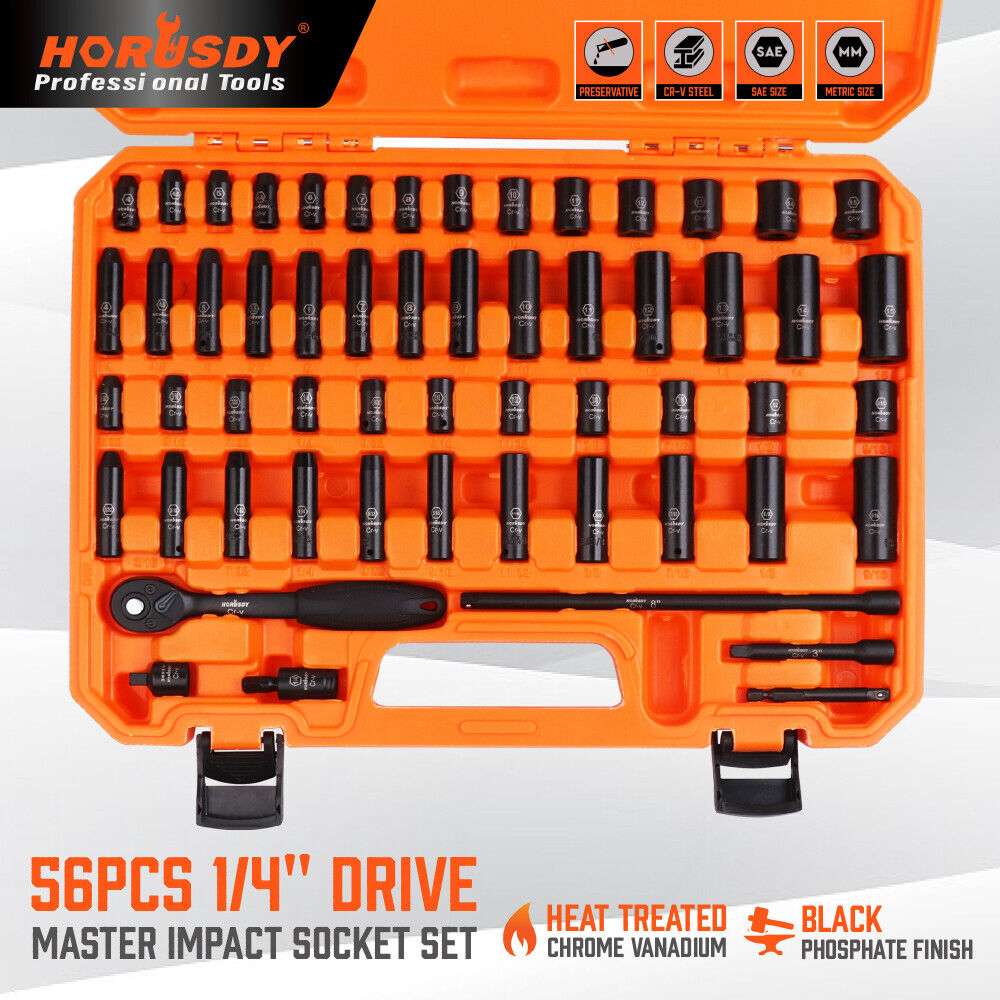 Comprehensive 56-Piece 1/4" Drive Impact Socket Wrench Set with Metric and Imperial Sizes, Ratchet Handle, Extensions, and Storage Case