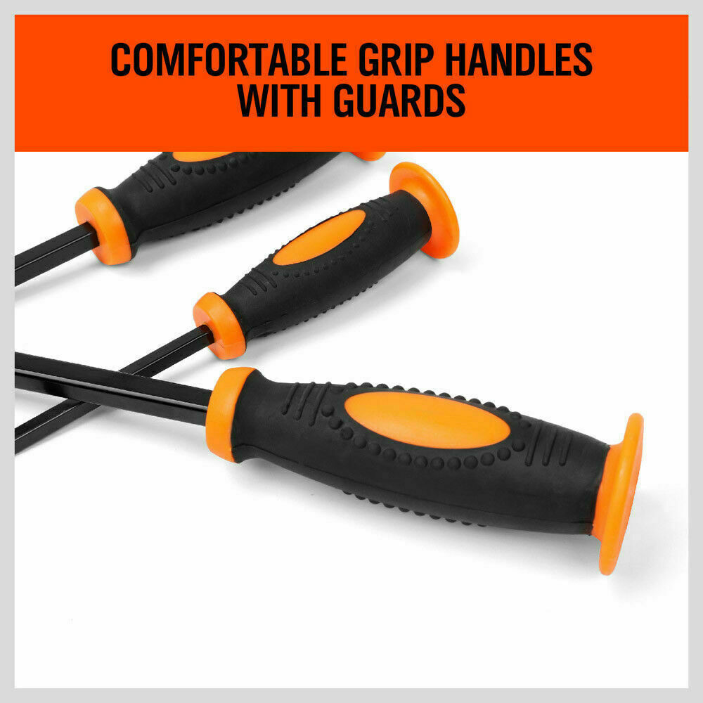  Robust 3-Piece Impact Pry Bar Set with go-through design for optimal striking force and comfort grip handles with guards for secure handling.