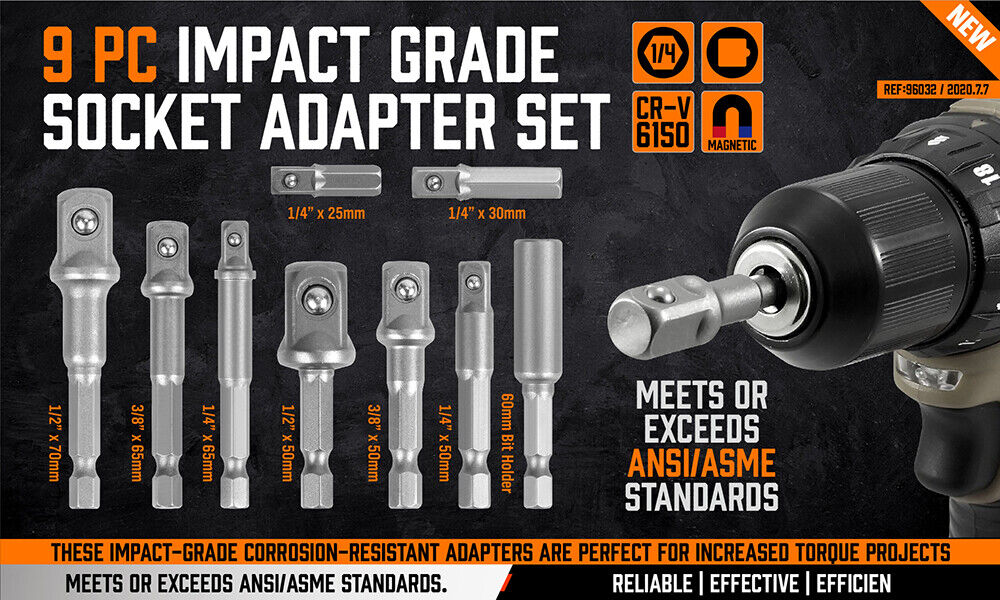 Highly Durable 9-Piece Drill Socket Adapter Set - Chrome Vanadium Steel, Multiple Sizes for Impact Drivers and Wrenches