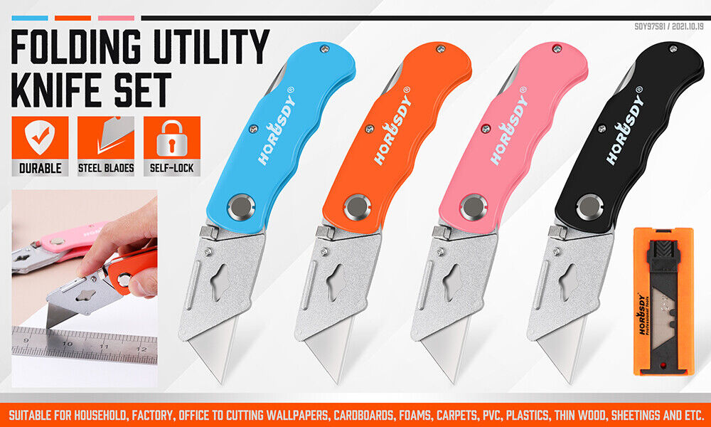 Set of four folding utility knives in Black, Blue, Orange, and Pink colors, featuring quick-change mechanism and back-lock mechanism, ideal for DIY projects, cutting cardboard, carpet, and more. The set includes 10 extra SK5 material blades and a convenient storage carry bag