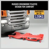 Durable 40-Inch Garage Creeper Mechanic Trolley, featuring Six 3-inch Swivel Wheels, High-Impact Molded Plastic, Cushioned Headrest, and Tool Storage Trays, capable of supporting up to 120KG