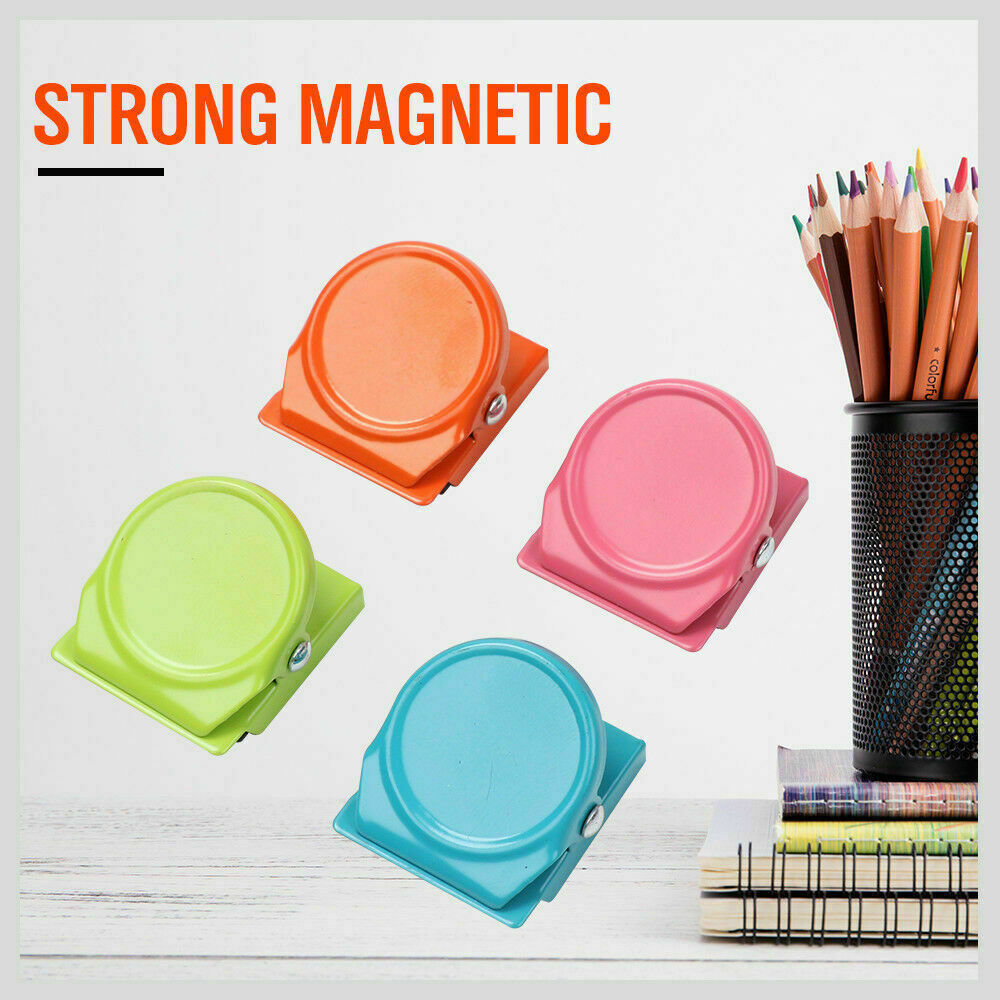 Colorful set of 16 magnetic spring clamps in green, pink, orange, and blue, perfect for holding notes on refrigerators or metal surfaces
