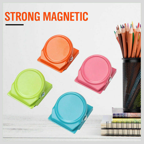 Colorful set of 16 magnetic spring clamps in green, pink, orange, and blue, perfect for holding notes on refrigerators or metal surfaces