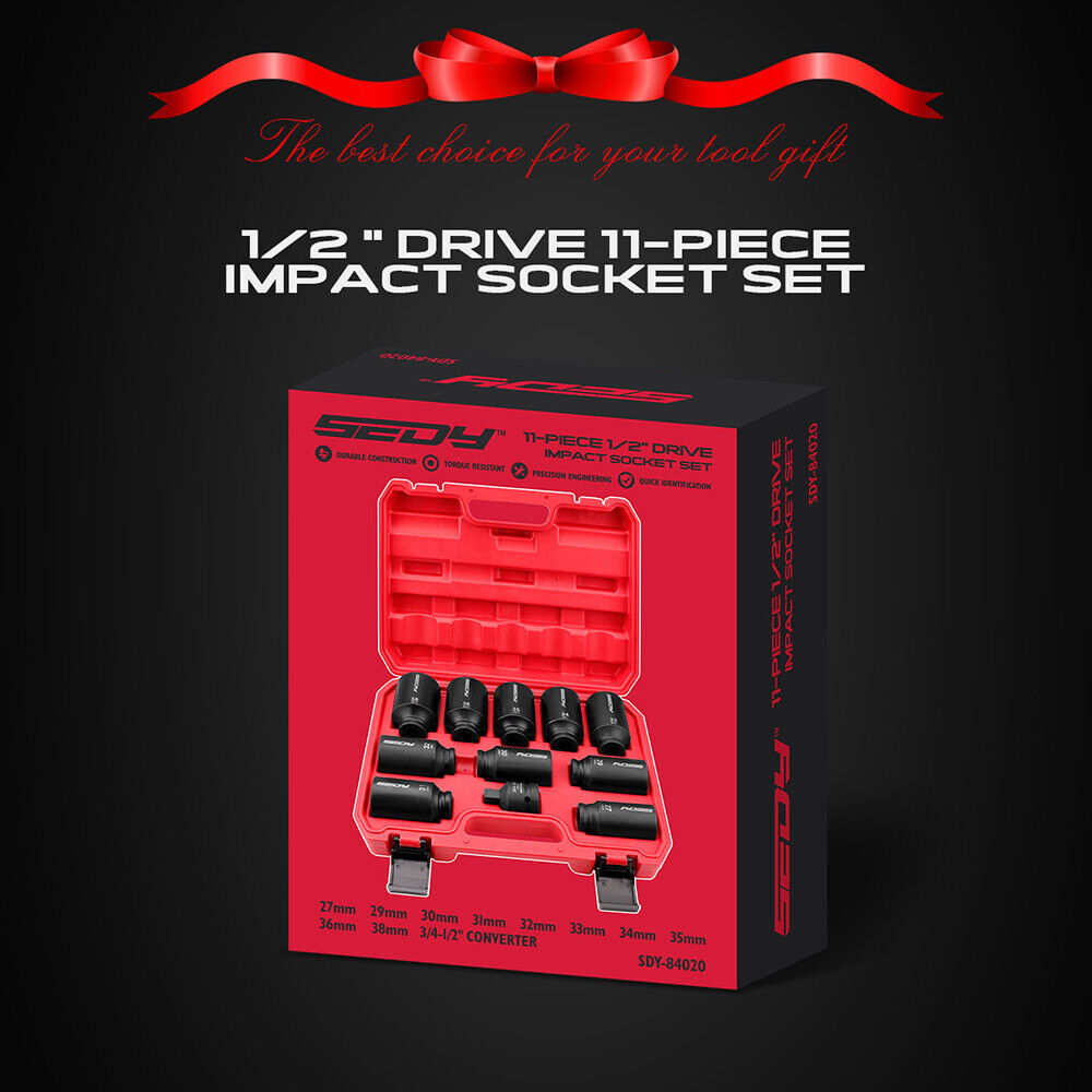 SEDY 11Pcs Metric Deep Impact Socket Set with Adapter for High-Torque Wheel Axle Nut Wrench Tasks