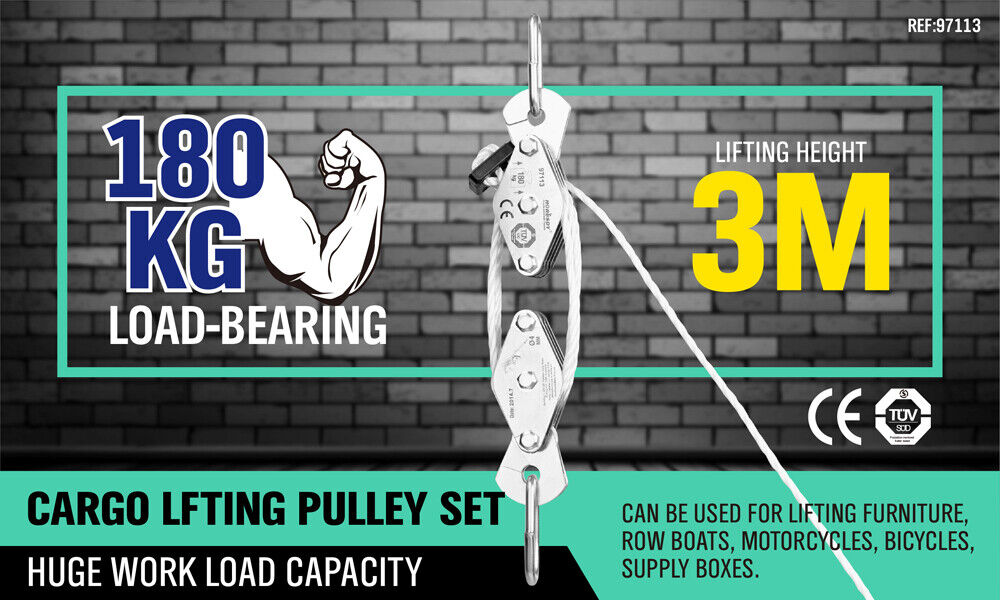 Heavy-duty 20M Cargo Lifting Rope Set with Pulley for efficient winching and hoisting up to 180kg with a 3M lifting height