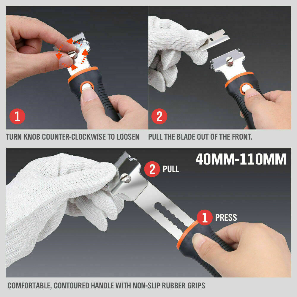 Multi-purpose razor scraper set with TPR handles and replacement blades for glass and decal cleaning.