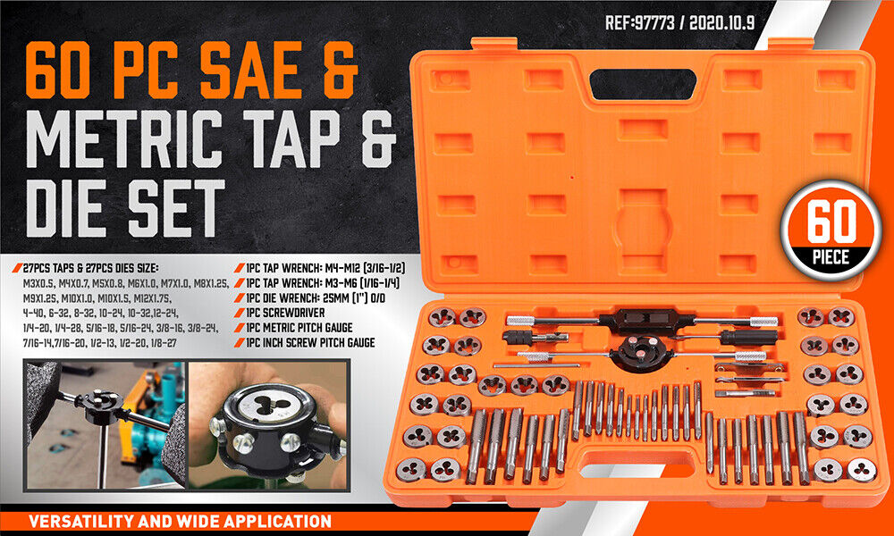 Complete 60-Piece Tap and Die Set - Features Metric and Imperial Sizes, Thread Pitch Gauges, and Screwdriver in a Carry Case