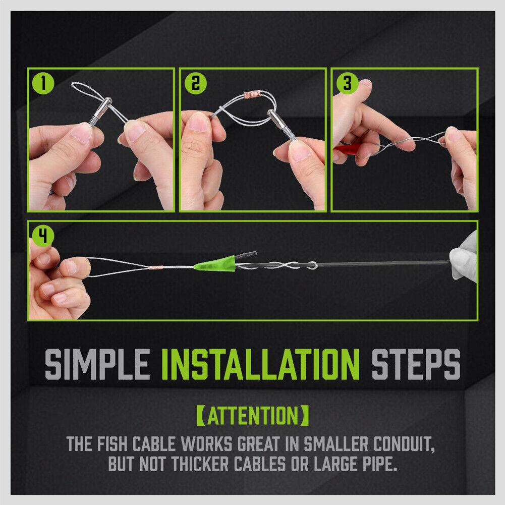 SWANLAKE 15-meter Fiberglass Push Pull Rods Set, featuring threaded brass connectors and various head attachments. Ideal for electricians and contractors for routing cables through walls, attics, and ceilings. Includes a flexible search head, eyelet heads, a brass hook head, and a magnetic head for versatile wiring applications