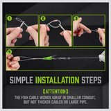 SWANLAKE 15-meter Fiberglass Push Pull Rods Set, featuring threaded brass connectors and various head attachments. Ideal for electricians and contractors for routing cables through walls, attics, and ceilings. Includes a flexible search head, eyelet heads, a brass hook head, and a magnetic head for versatile wiring applications