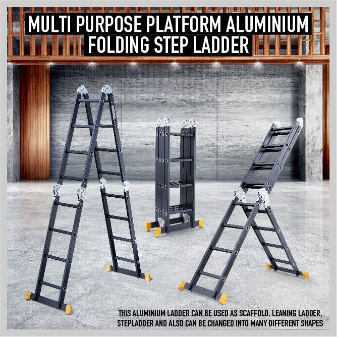 Premium aluminum multi-purpose folding ladder transforms from 3.7M to 6.7M stepladder, stairway ladder, extension ladder and scaffold platform.