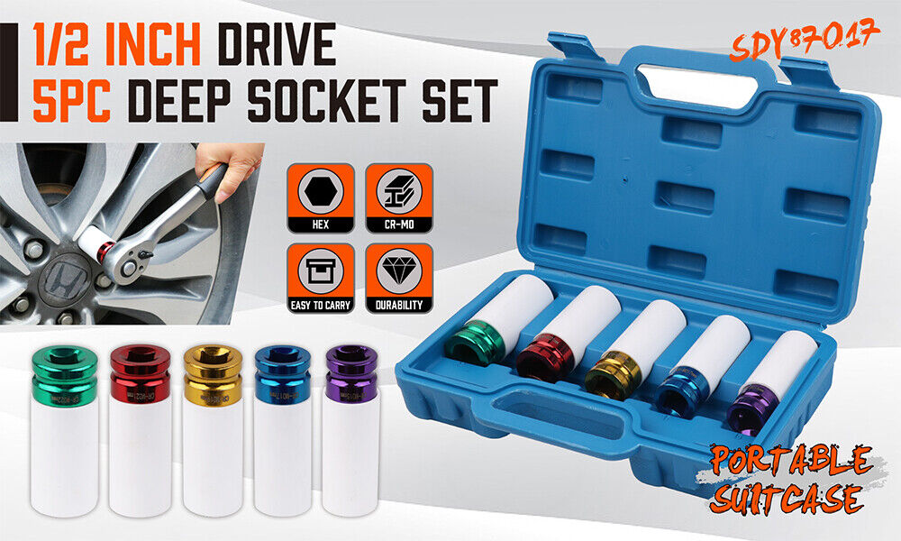 HORUSDY 5-Piece Impact Socket Set - Includes 15, 17, 19, 21, 22mm Sockets with 1/2 Inch Drive and Protective Nylon Sleeves for Alloy Wheels, in Color-Coded Design