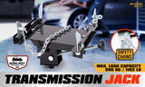 Sturdy 500KG Transmission Jack Adapter in black, featuring an adjustable saddle, corner brackets for universal fit, safety chains, and an automatic release valve. Constructed from heavy-duty steel for maximum durability