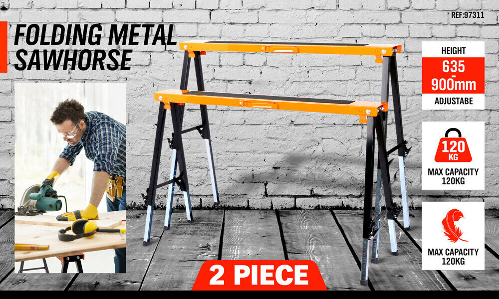 Pack of 4 Mastercraft metal sawhorses with anti-slip work surfaces and foldable design.
