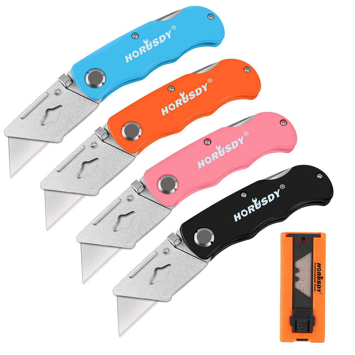 Set of four folding utility knives in Black, Blue, Orange, and Pink colors, featuring quick-change mechanism and back-lock mechanism, ideal for DIY projects, cutting cardboard, carpet, and more. The set includes 10 extra SK5 material blades and a convenient storage carry bag