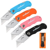 Set of four folding utility knives in Black, Blue, Orange, and Pink colors, featuring quick-change mechanism and back-lock mechanism, ideal for DIY projects, cutting cardboard, carpet, and more. The set includes 10 extra SK5 material blades and a convenient storage carry bag