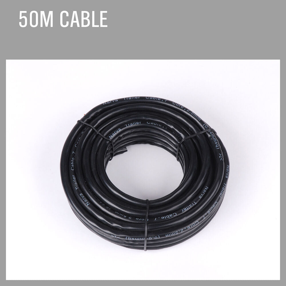 High-quality 50-meter 7-core wire cable for trailers and caravans, featuring oxygen-free copper wiring and black PVC sheathing. With color-coded cores (yellow, black, white, green, blue, red, brown) for easy installation in various automotive applications including 4WDs, cars, motorhomes, bikes, and more. Offers 2.5mm thickness, 8 amps rating at 30°C, and electrical resistance of 29.9 ohms/km