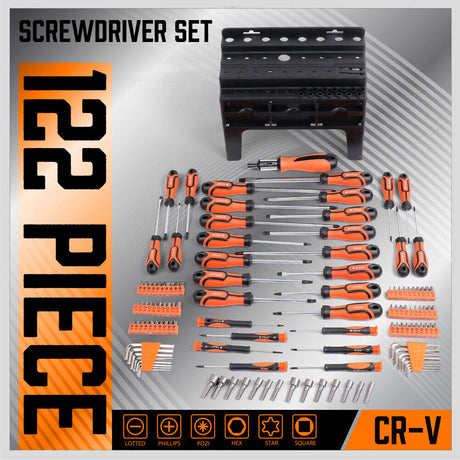 Extensive 122-Piece Magnetic Screwdriver Kit with Ratchet Handle, Nut Drivers, Hex Key Sets, and Socket Bits