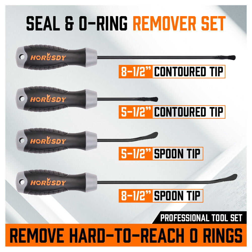 Four-piece Seal and O-Ring Removal Tool Set, designed for easy and damage-free removal of seals and O-rings. This set includes two contoured tips and two spoon tips, crafted from durable and solid chrome vanadium (CR-V) material, perfect for automotive and machinery maintenance