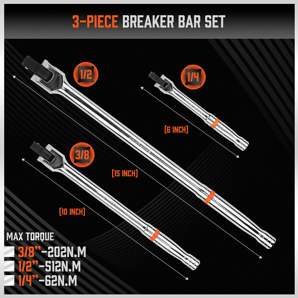 HORUSDY 3-Piece Breaker Bar Set, Chrome Vanadium Steel, 1/4'', 3/8'', 1/2'' Drive Sizes, 180-Degree Rotating Head, Durable and Ergonomic Design for Tough Fasteners