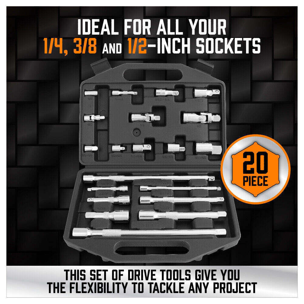 Comprehensive 20-Piece Socket Extension and Adaptor Set Featuring Flexible Joints and Various Reducer Combinations