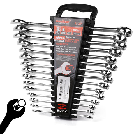 HORUSDY 15-Piece Metric Combination Spanner Set, CRV Silver, Chrome Vanadium Steel, Heat Treated, Nickel Chrome Plated, Sizes 8-22mm
