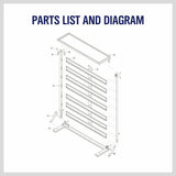 Wall-mounted bin storage rack with 50 bins for efficient organization of tools and parts in your garage.
