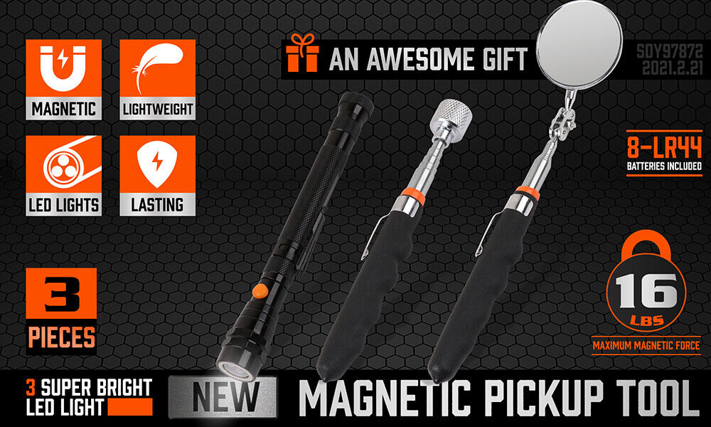 Three-piece magnetic pick-up and inspection tool set featuring a telescopic flashlight with LED, a magnetic rod, and a flexible swivel inspection mirror.