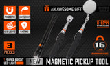 Three-piece magnetic pick-up and inspection tool set featuring a telescopic flashlight with LED, a magnetic rod, and a flexible swivel inspection mirror.