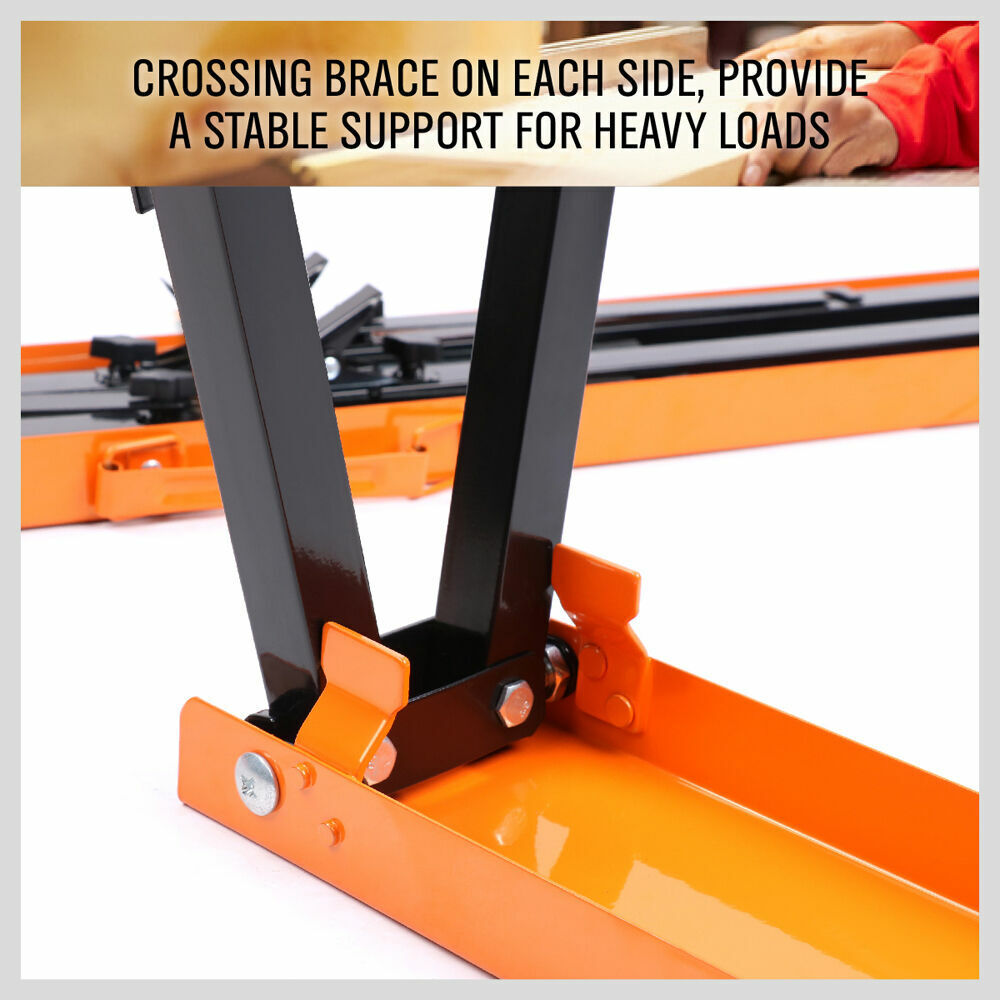 Four-piece Mastercraft Sawhorse Set, featuring a sturdy metal folding design with non-slip surfaces, ergonomic handles, and crossing braces for stability. Each sawhorse measures 100(L) x 50(W) x 65-92(H) cm and supports up to 120 kg.