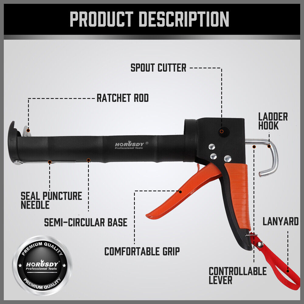 HORUSDY 9-inch Caulking Gun with High Thrust Ratio and Drip-Free Technology, Featuring Ergonomic Grip, Revolving Barrel, Seal Punch, and Ladder Hook for Professional Sealing Applications